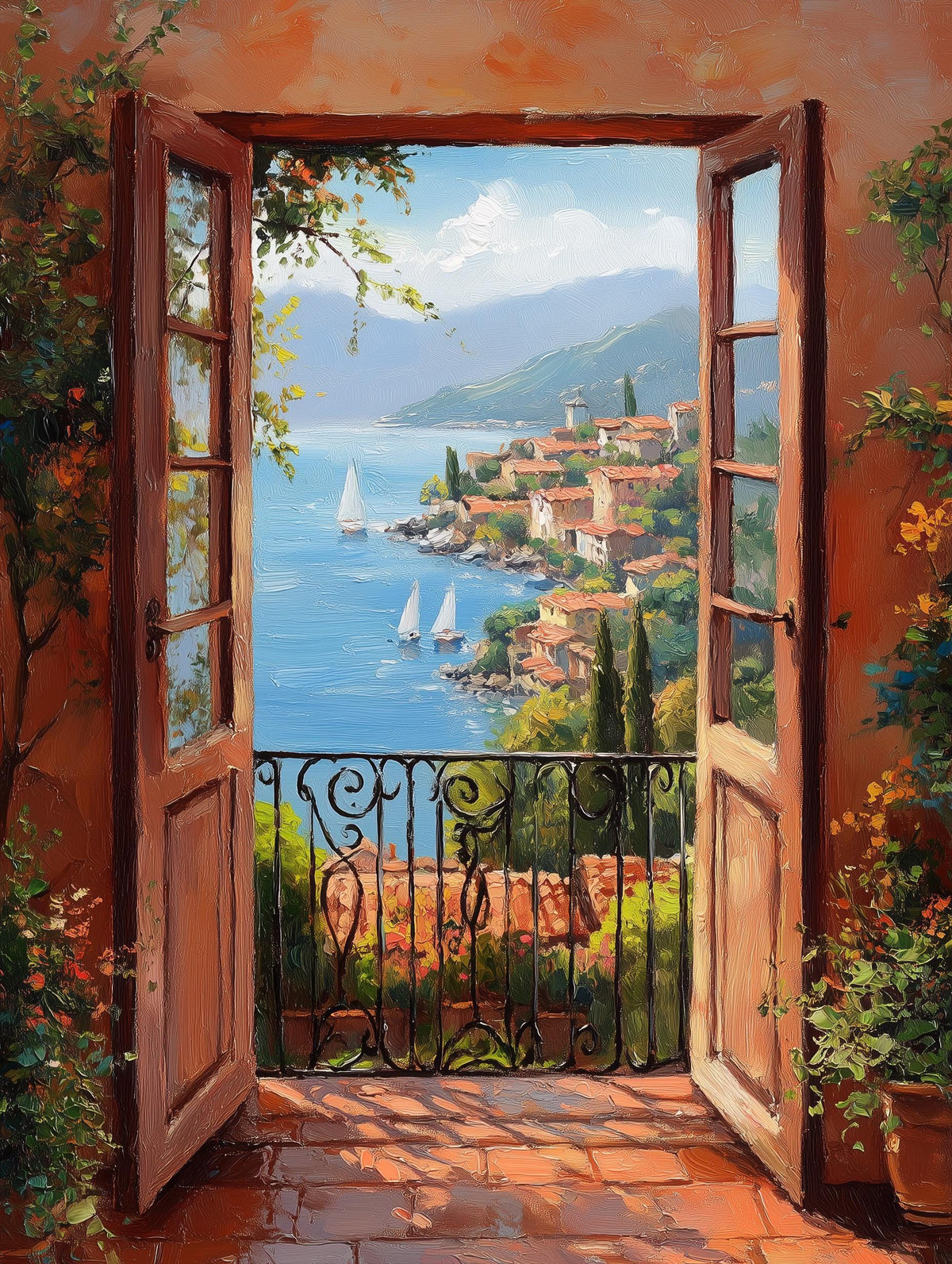 Painterly open window canvas print in Matisse-bright blues and warm coral