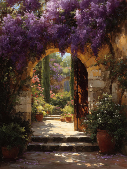 Painterly canvas print with fallen wisteria petals scattered along the path