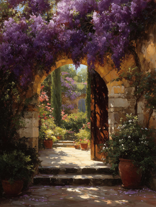 Painterly canvas print with fallen wisteria petals scattered along the path