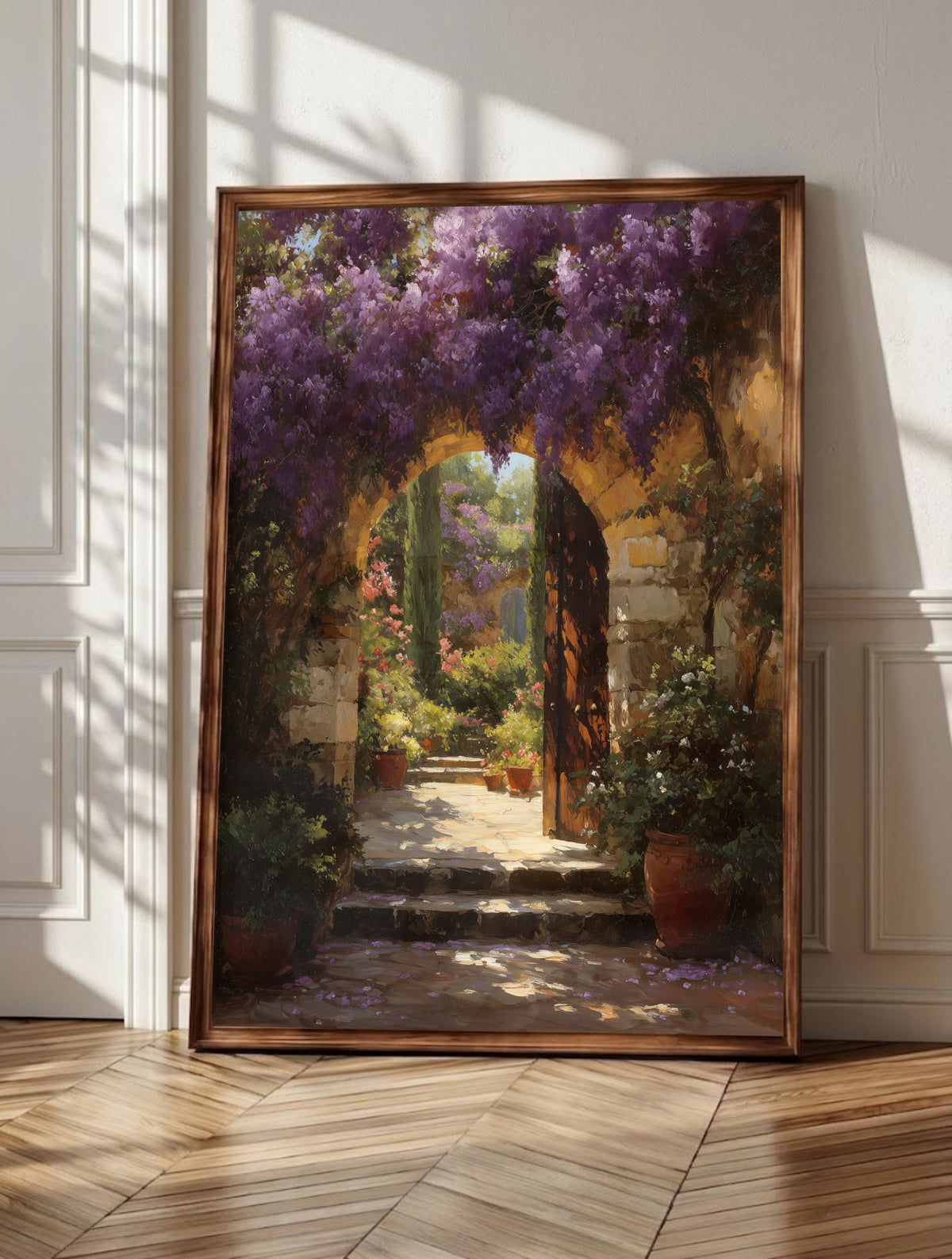 Wisteria wall art: purple wisteria cascading over a sun-drenched garden archway