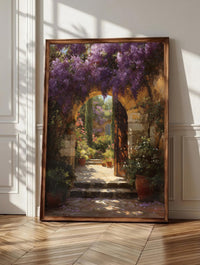 Wisteria wall art: purple wisteria cascading over a sun-drenched garden archway