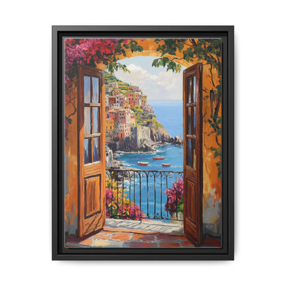Cinque Terre wall art framed canvas print in a black wood frame