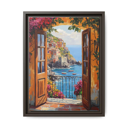 Cinque Terre wall art framed canvas print in an espresso wood frame