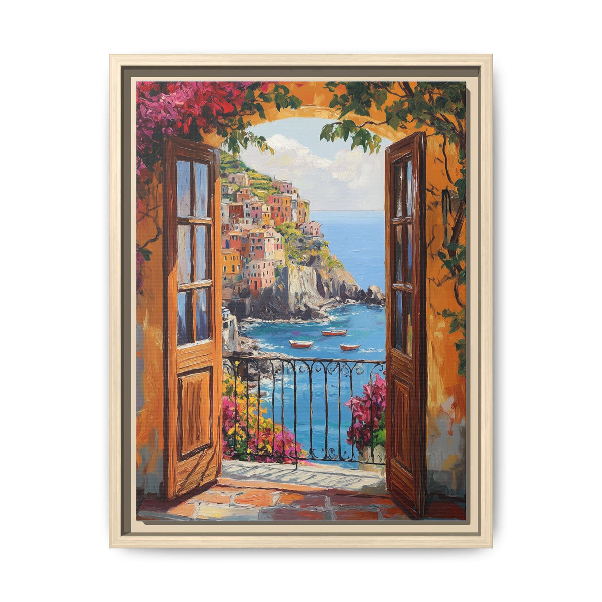 Cinque Terre wall art framed canvas print in a natural wood frame