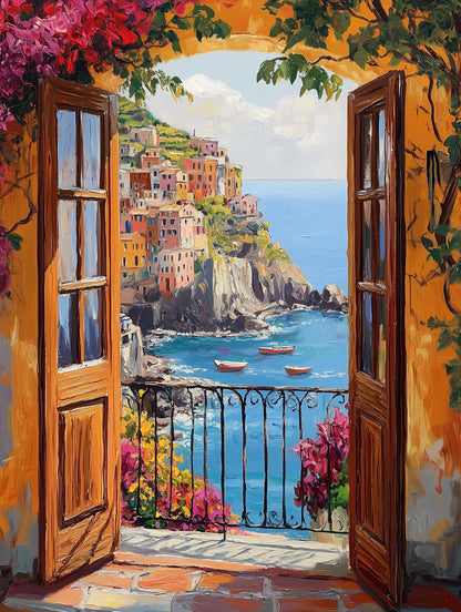 Painterly Italian balcony canvas print over stacked terracotta rooftops