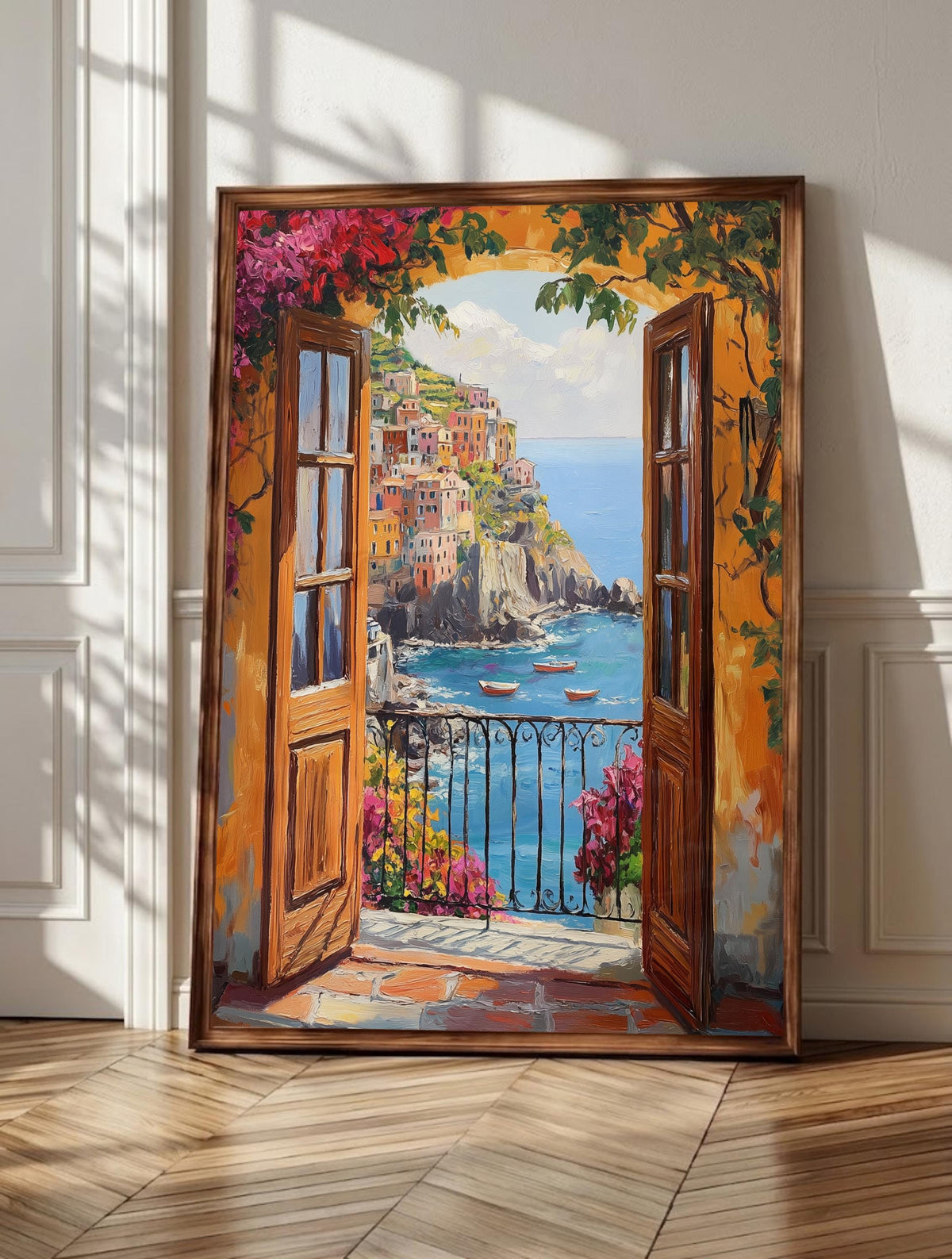 Cinque Terre wall art: open French doors and bougainvillea framing the village, framed canvas