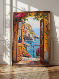Cinque Terre wall art: open French doors and bougainvillea framing the village, framed canvas