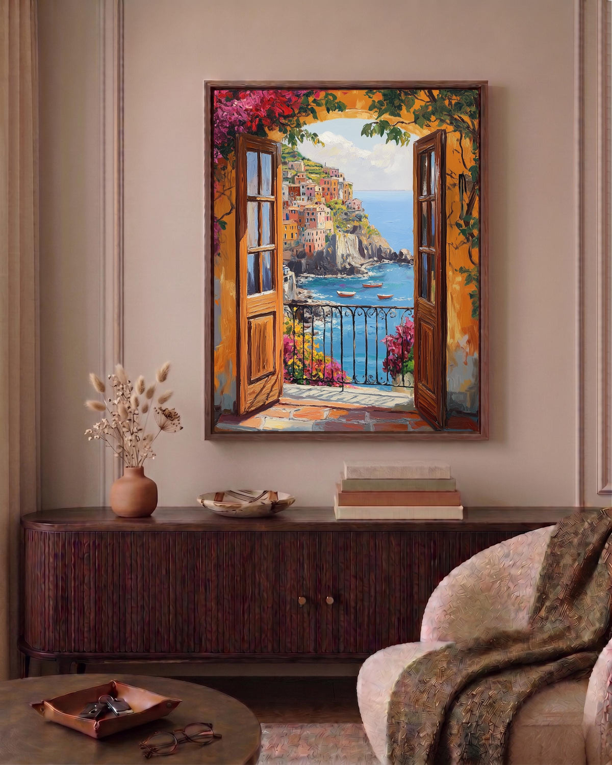 Ligurian coast framed canvas art set in a solid wood frame, ready to hang