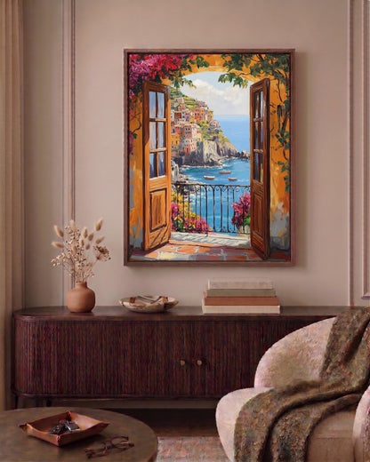 Ligurian coast framed canvas art set in a solid wood frame, ready to hang
