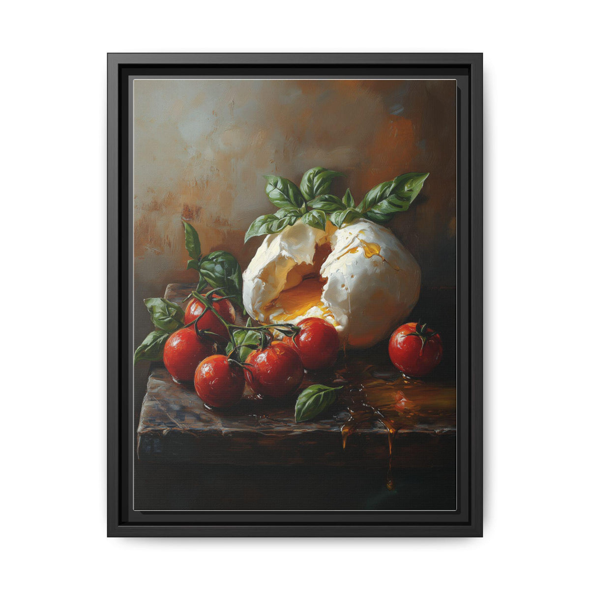 Burrata wall art framed canvas print in a black wood frame