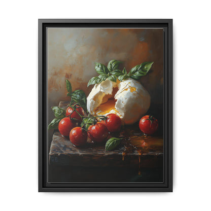 Burrata wall art framed canvas print in a black wood frame