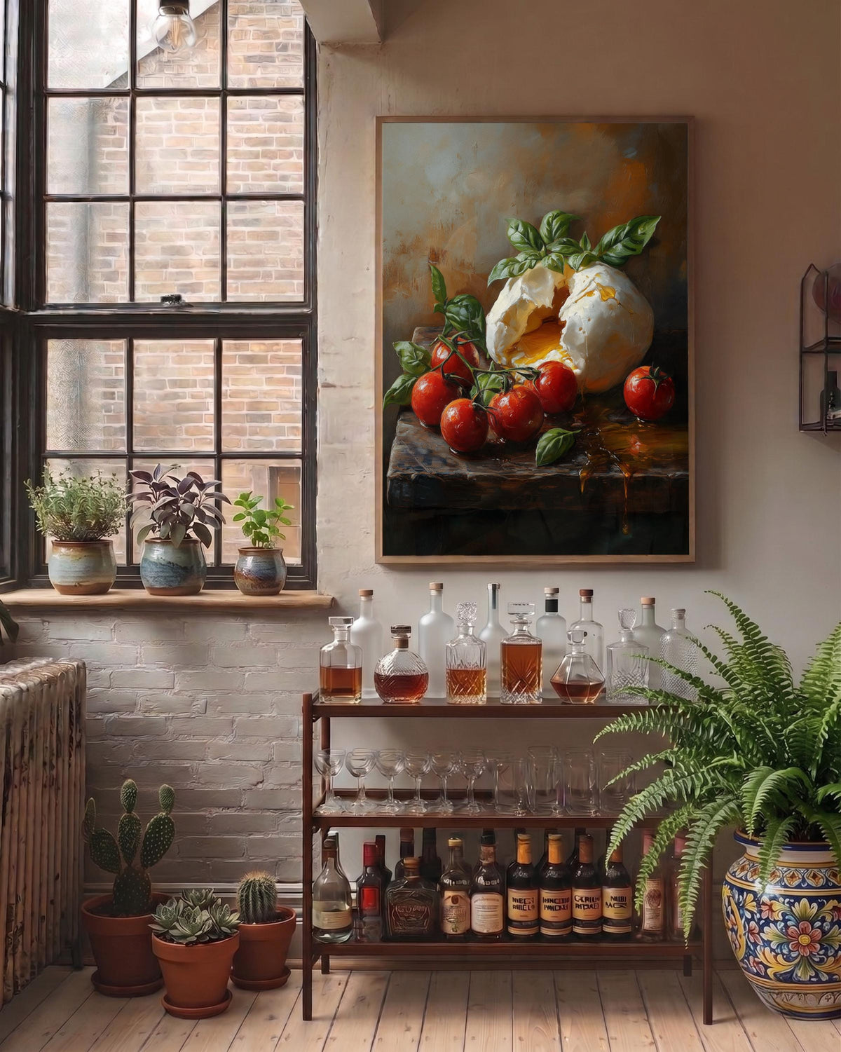 Oil-painting style burrata and tomatoes printed on cotton canvas, made to order