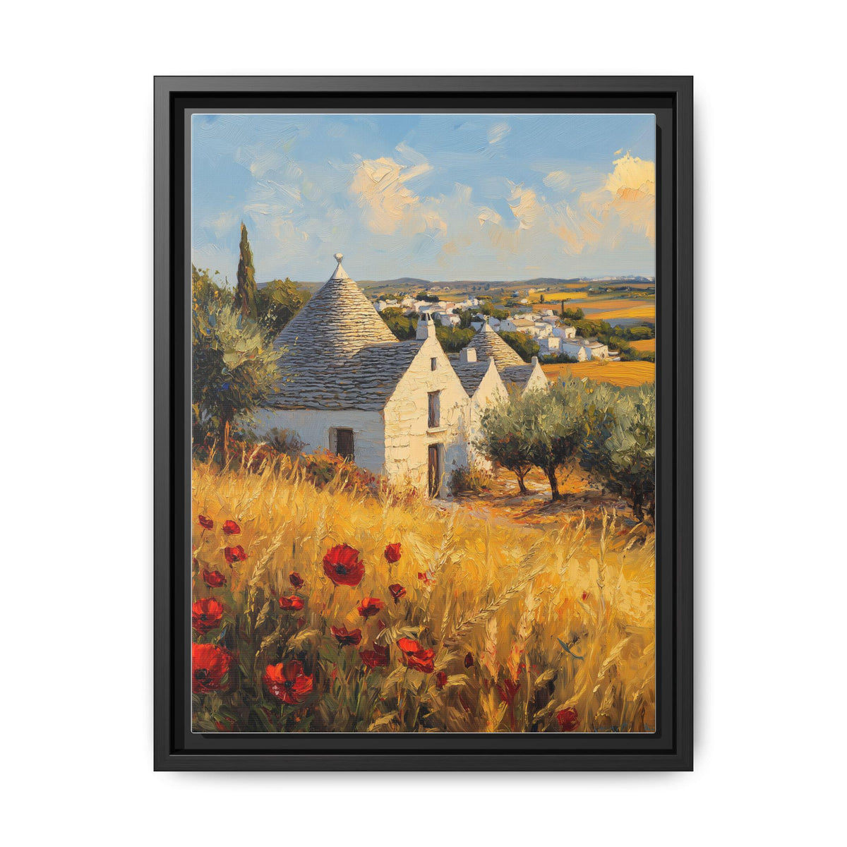 Puglia wall art framed canvas print in a black wood frame