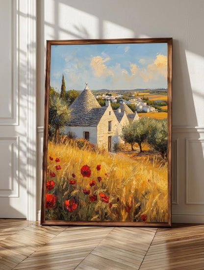 Puglia wall art: whitewashed trullo stone houses among ancient olive trees