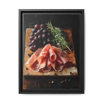 Prosciutto wall art framed canvas print in a black wood frame
