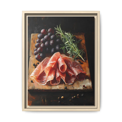 Prosciutto wall art framed canvas print in a natural wood frame