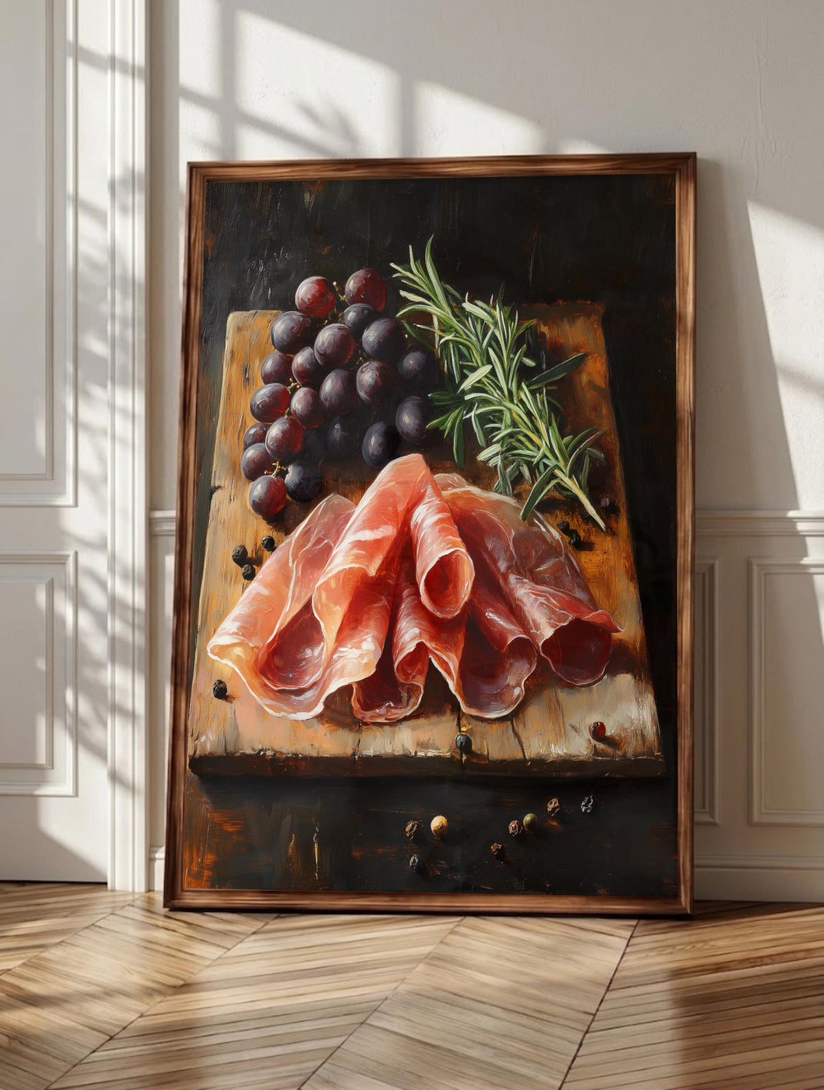 Prosciutto wall art: a rustic Italian cured ham still life in warm painterly oils