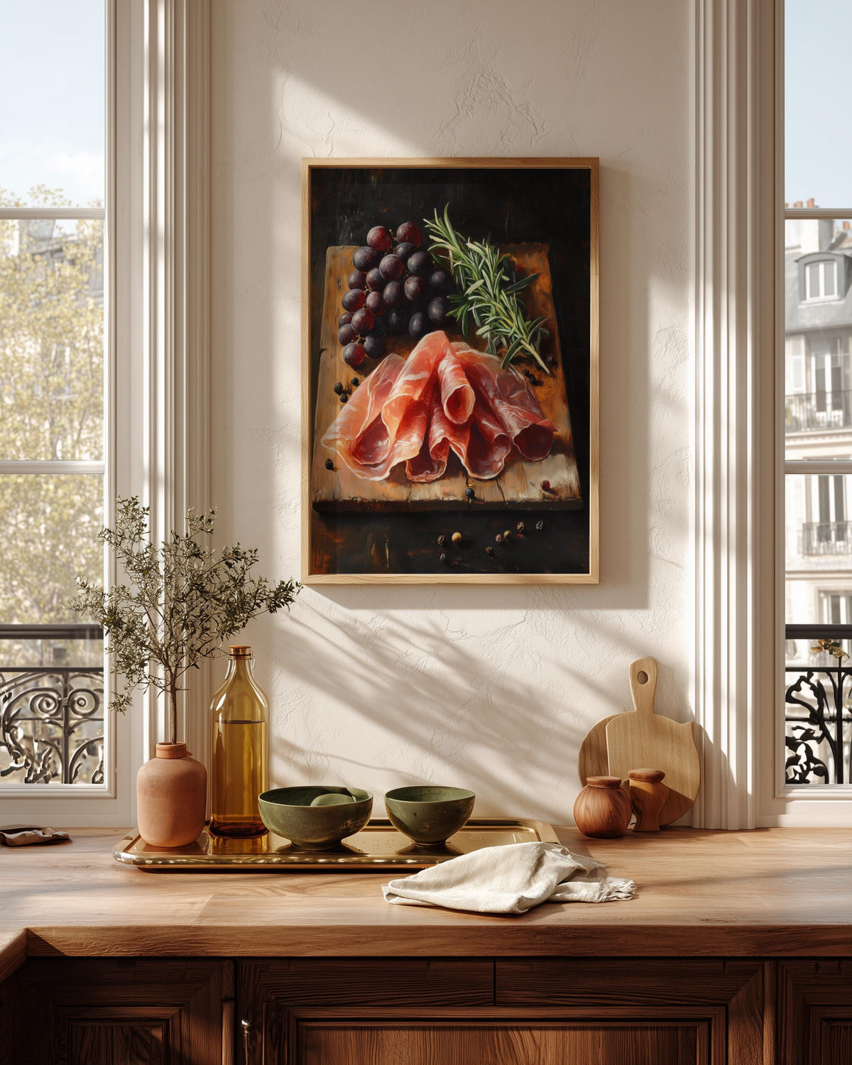 Cured ham framed canvas hand-framed in solid wood, ready to hang out of the box