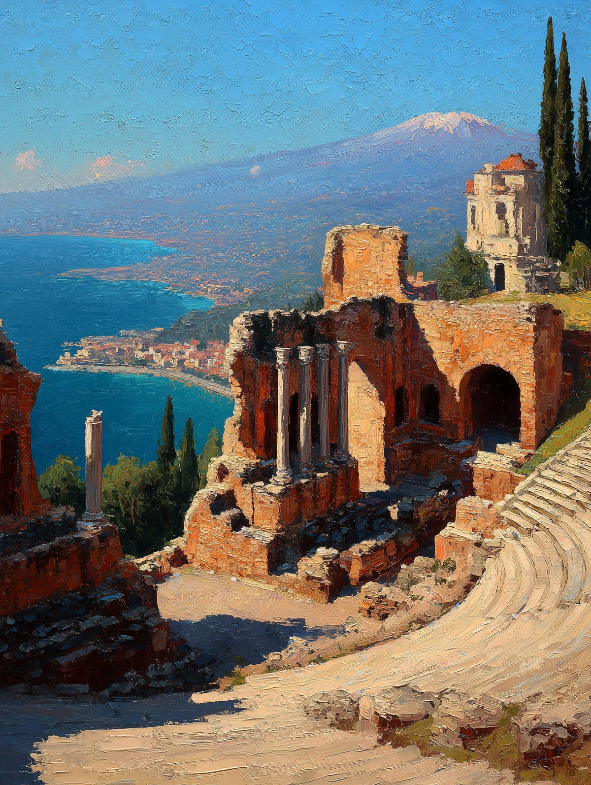 Painterly Taormina canvas print with the ruins warm in golden-hour light
