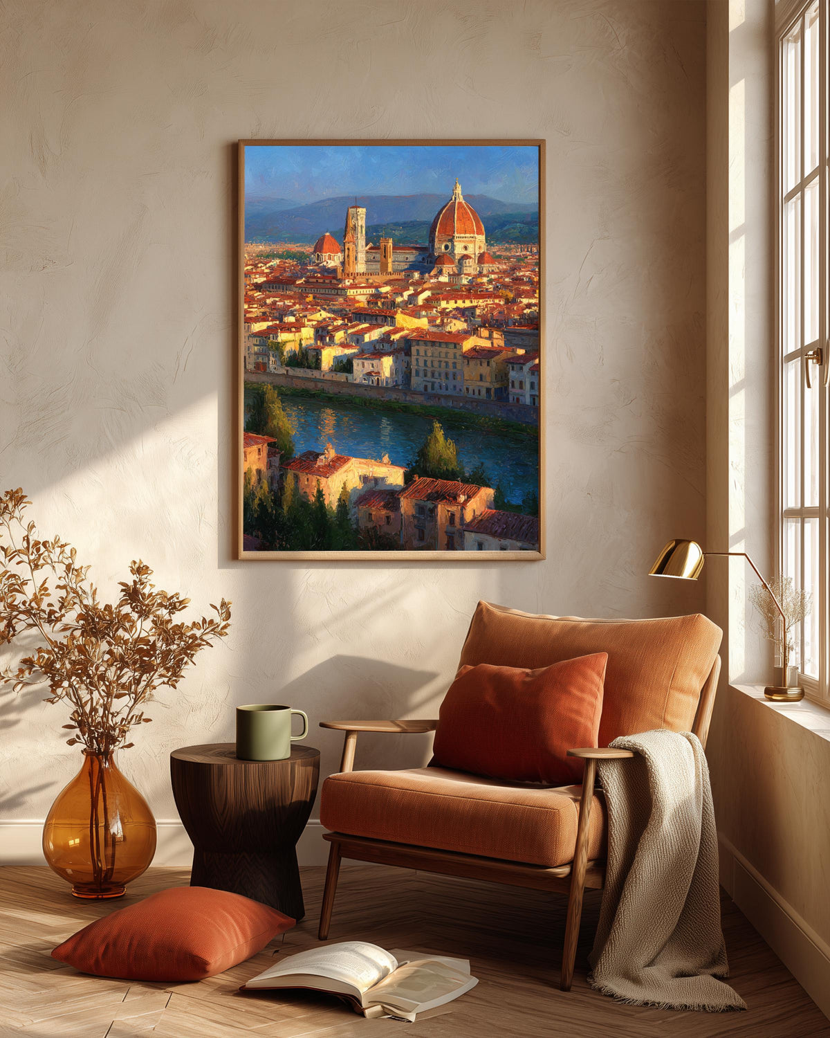 Oil-painting style Italian skyline in terracotta and gold, made to order