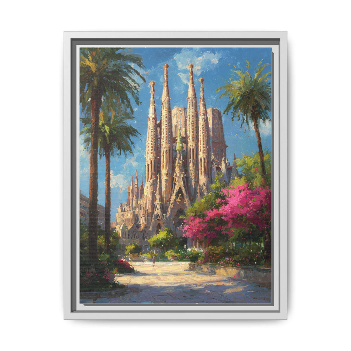 Sagrada Familia wall art framed canvas print in a white wood frame