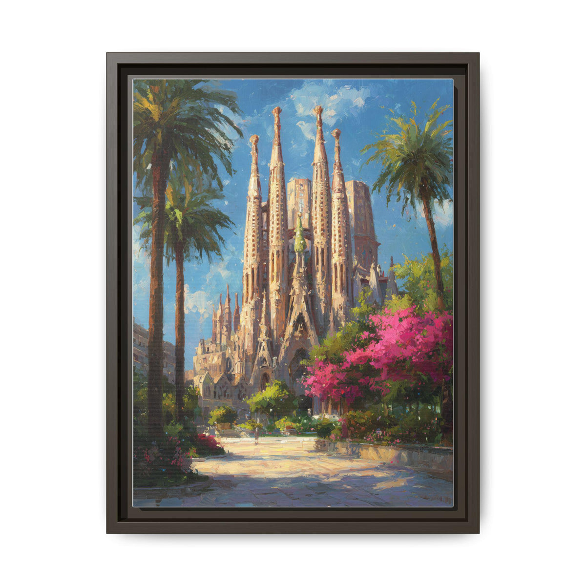 Sagrada Familia wall art framed canvas print in an espresso wood frame