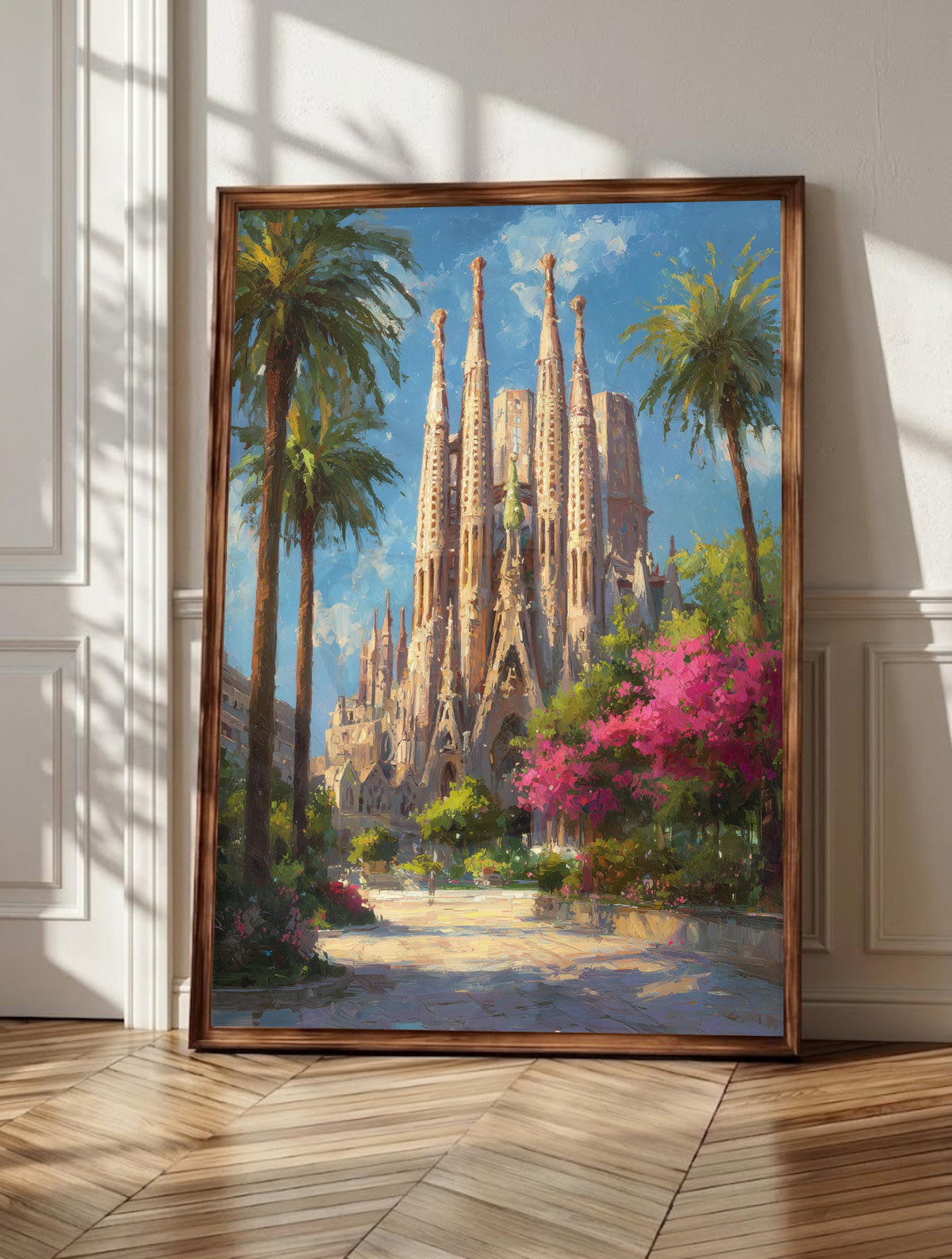 Sagrada Familia wall art: Gaudi's limestone spires rising into an azure Barcelona sky