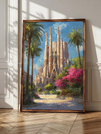 Sagrada Familia wall art: Gaudi's limestone spires rising into an azure Barcelona sky
