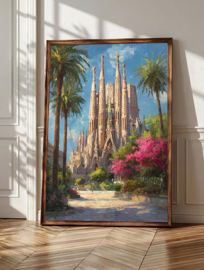 Sagrada Familia wall art: Gaudi's limestone spires rising into an azure Barcelona sky