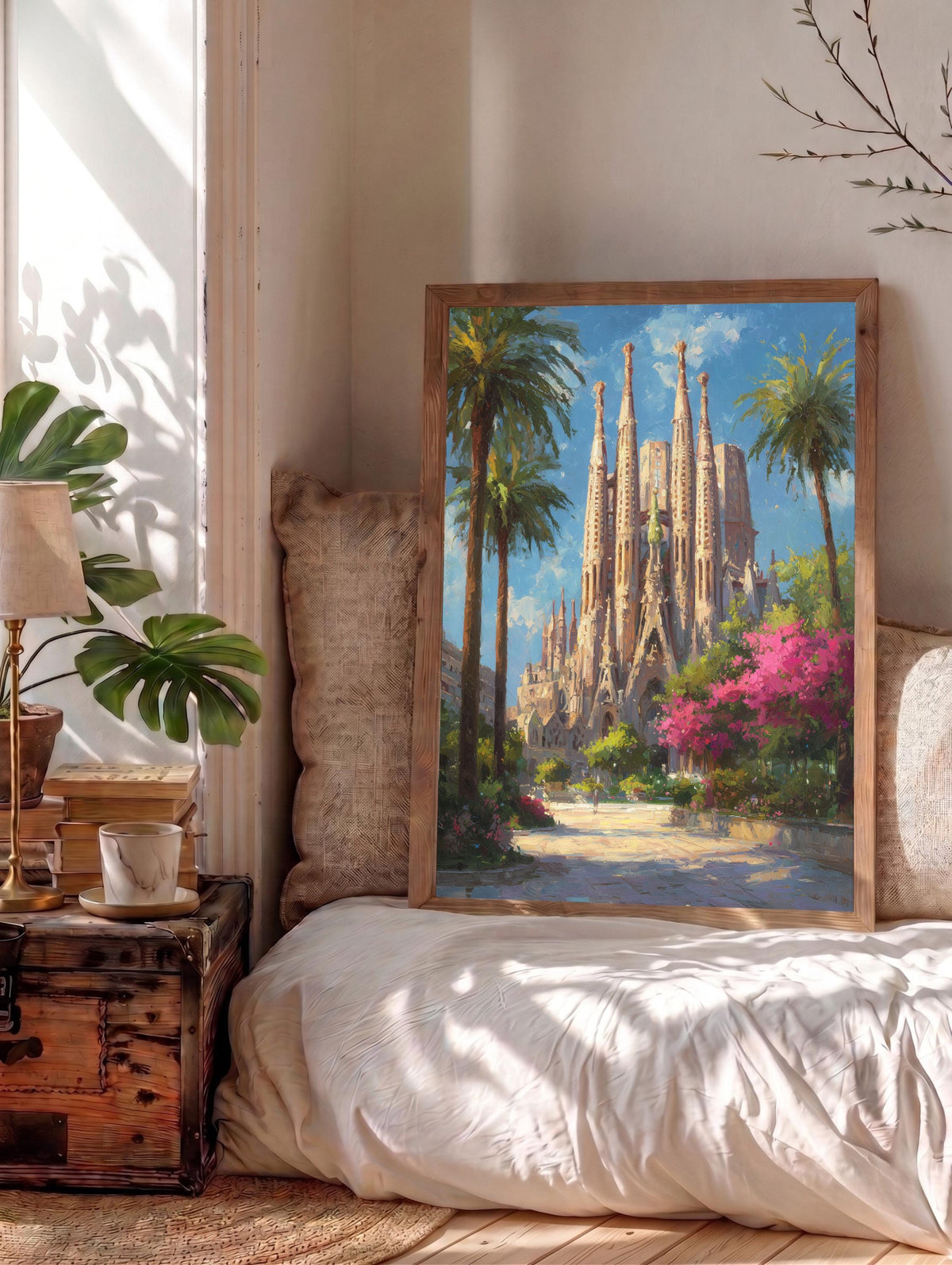 Oil-painting style Gaudi architecture in stone gold and azure, ready to hang