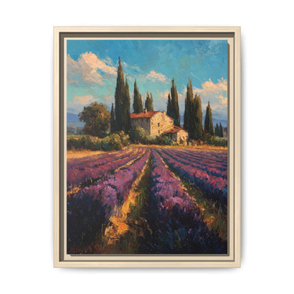Lavender wall art framed canvas print in a natural wood frame