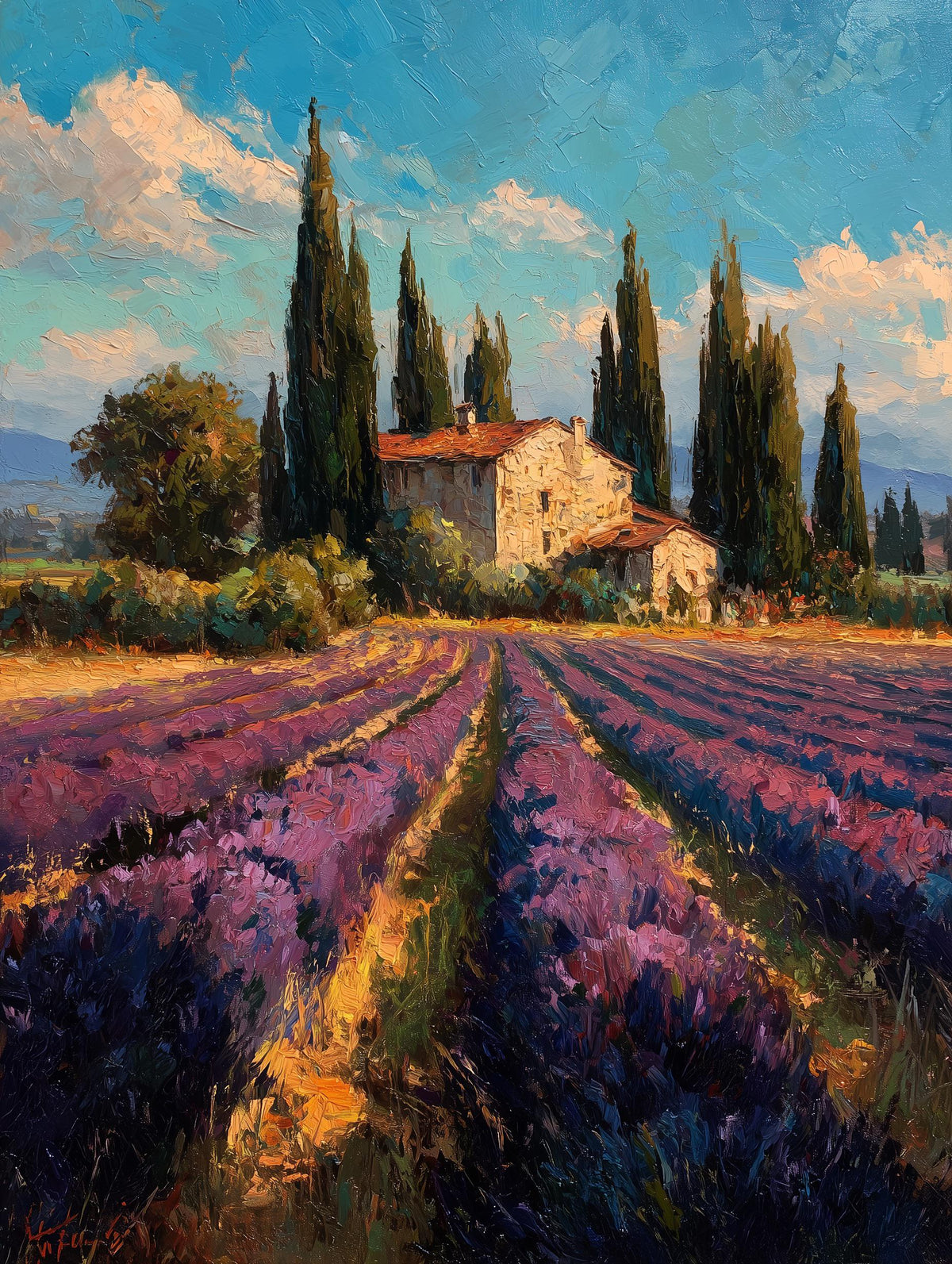 French countryside oil painting with a stone farmhouse in golden light