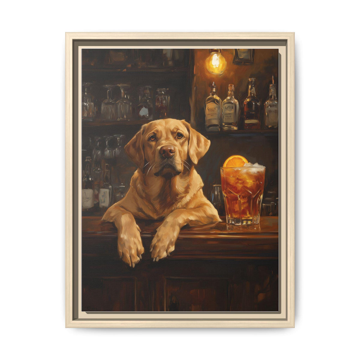 Labrador wall art framed canvas print in a natural wood frame