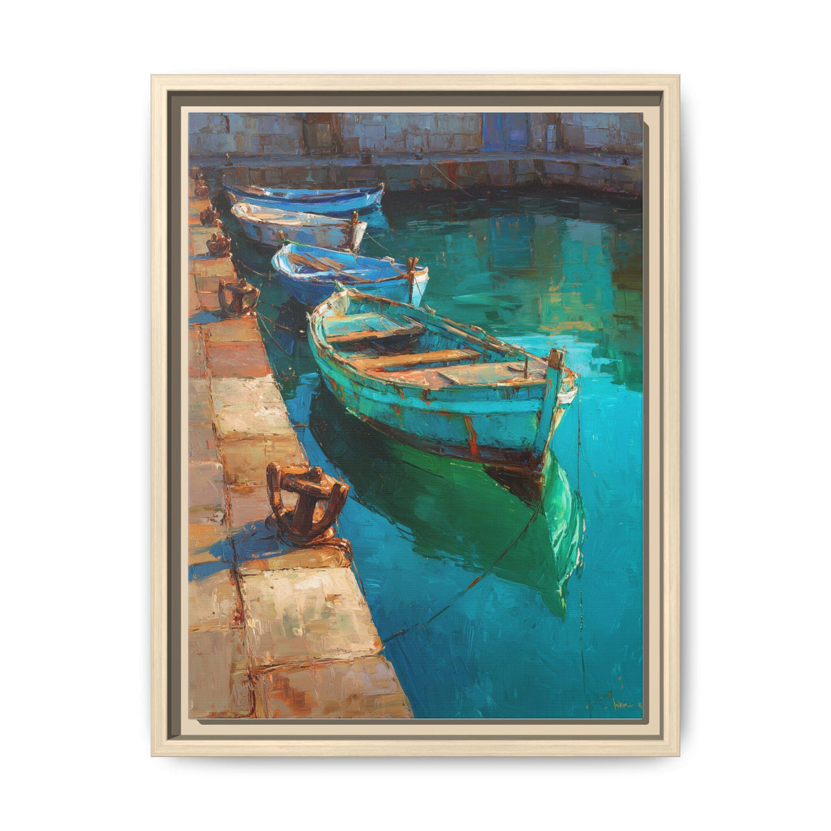 Patina Blue wall art framed canvas print in a natural wood frame