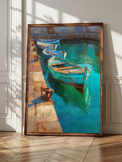 Patina blue wall art: two weathered fishing boats resting at a stone quay