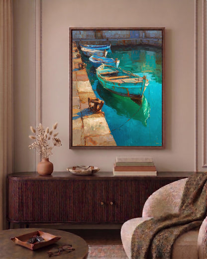 Weathered fishing boat framed canvas on cotton canvas, ready to hang