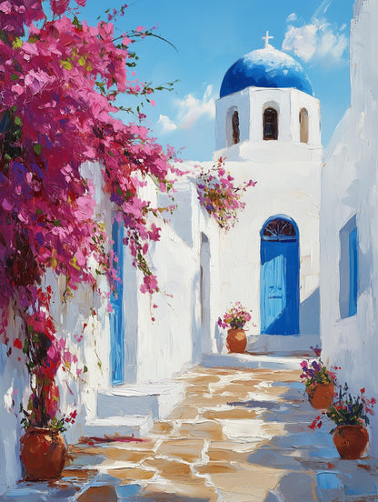 Painterly Greek island canvas print rendered in rich impasto texture
