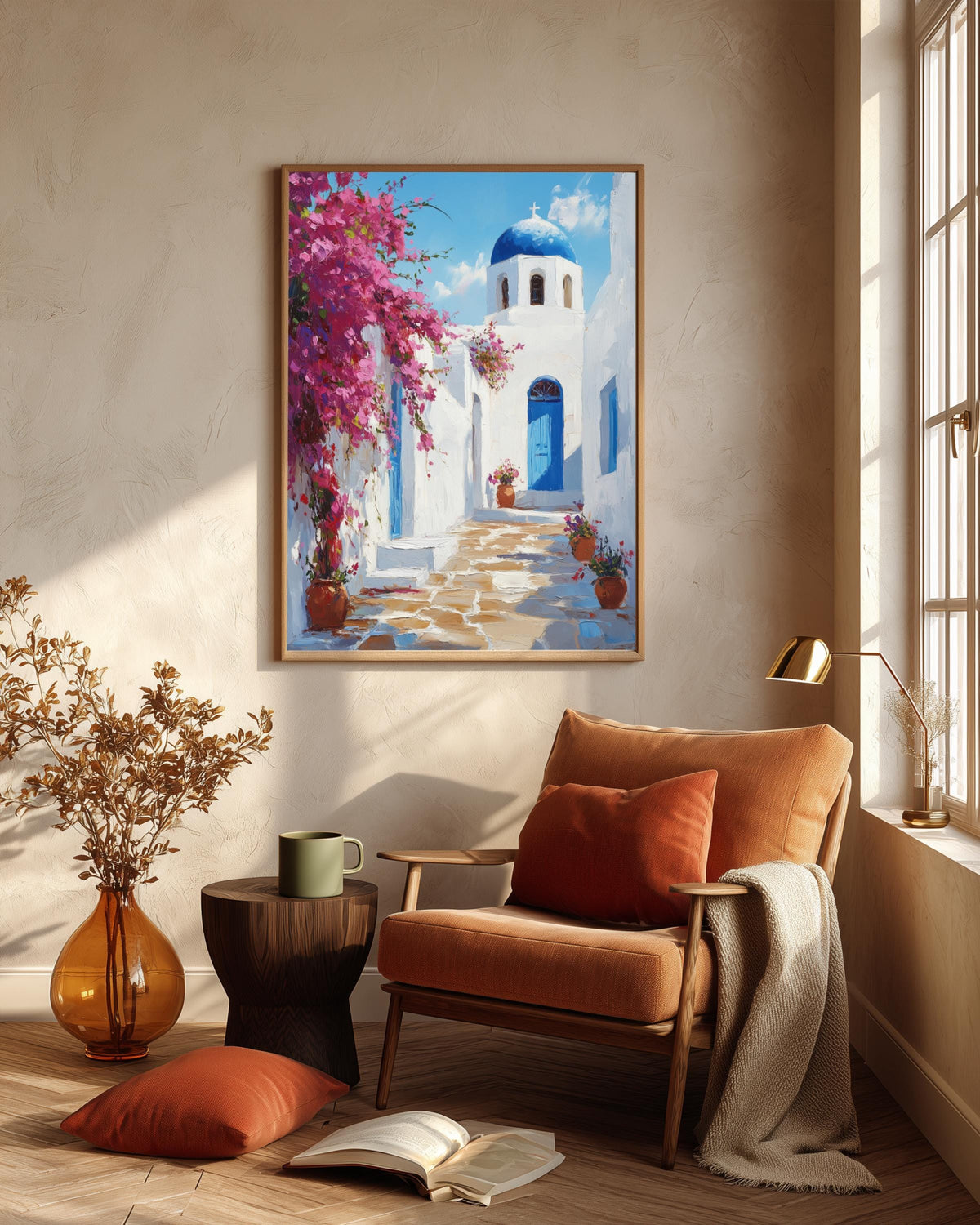 Oil-painting style Greece scene printed on cotton canvas, made to order