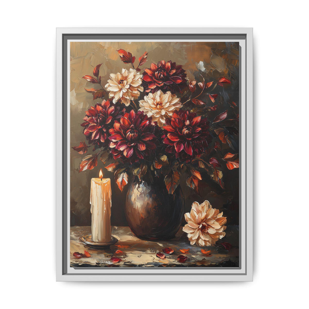Dark Dahlia wall art framed canvas print in a white wood frame
