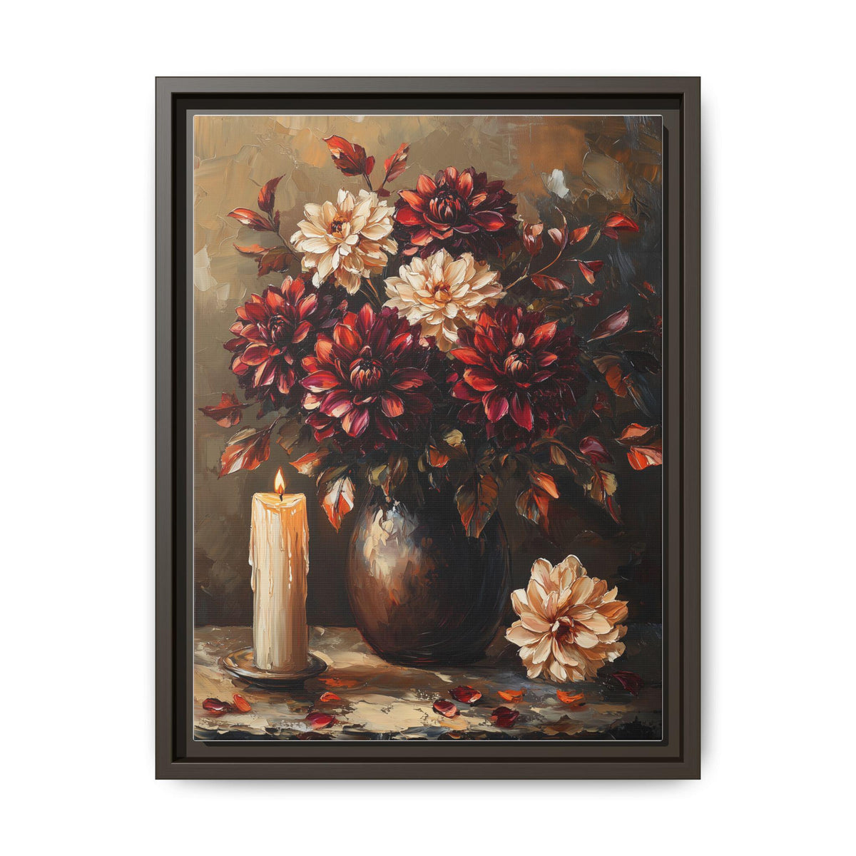 Dark Dahlia wall art framed canvas print in an espresso wood frame