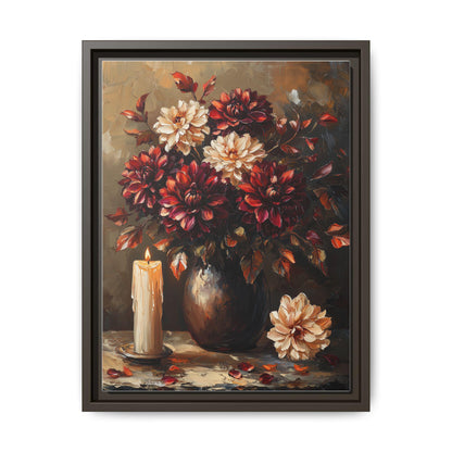 Dark Dahlia wall art framed canvas print in an espresso wood frame