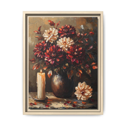 Dark Dahlia wall art framed canvas print in a natural wood frame