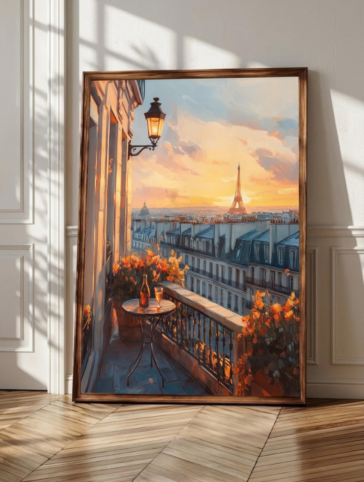 Paris rooftop wall art: amber light over Haussmann roofs with the Eiffel Tower