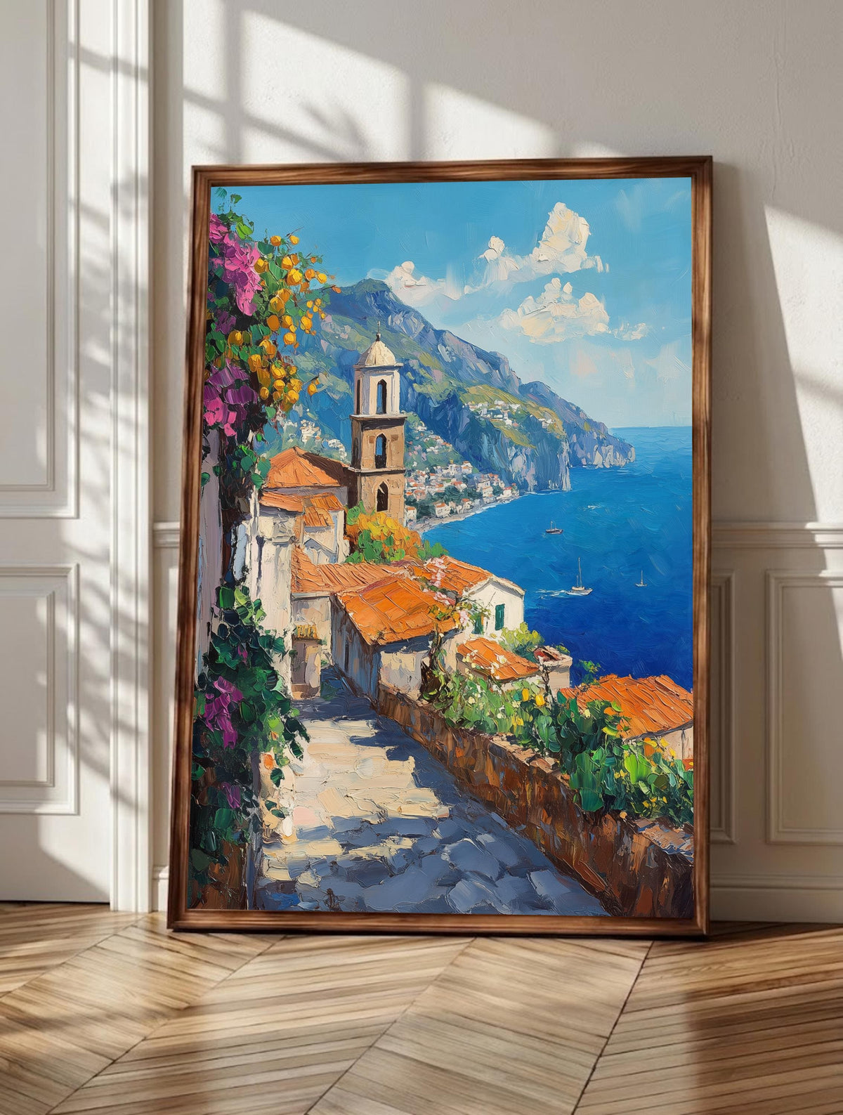Ravello wall art: a cobbled Amalfi lane running toward the Duomo bell tower