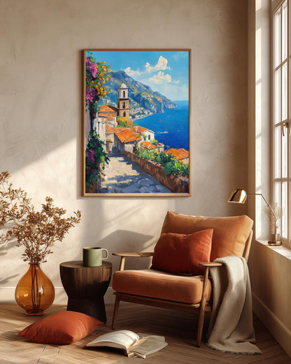 Oil-painting style Italian village print in a solid wood frame, made to order