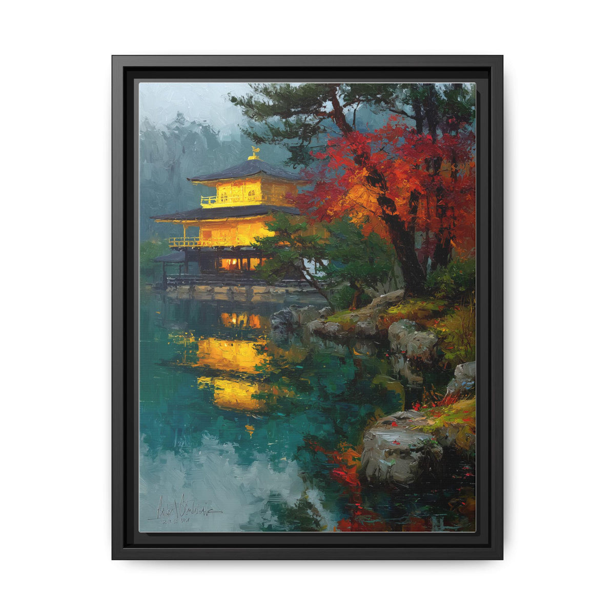 Golden Pavilion wall art framed canvas print in a black wood frame
