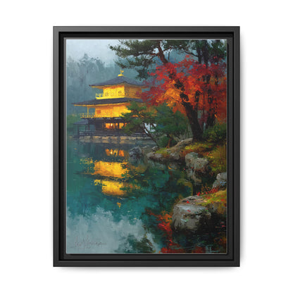 Golden Pavilion wall art framed canvas print in a black wood frame