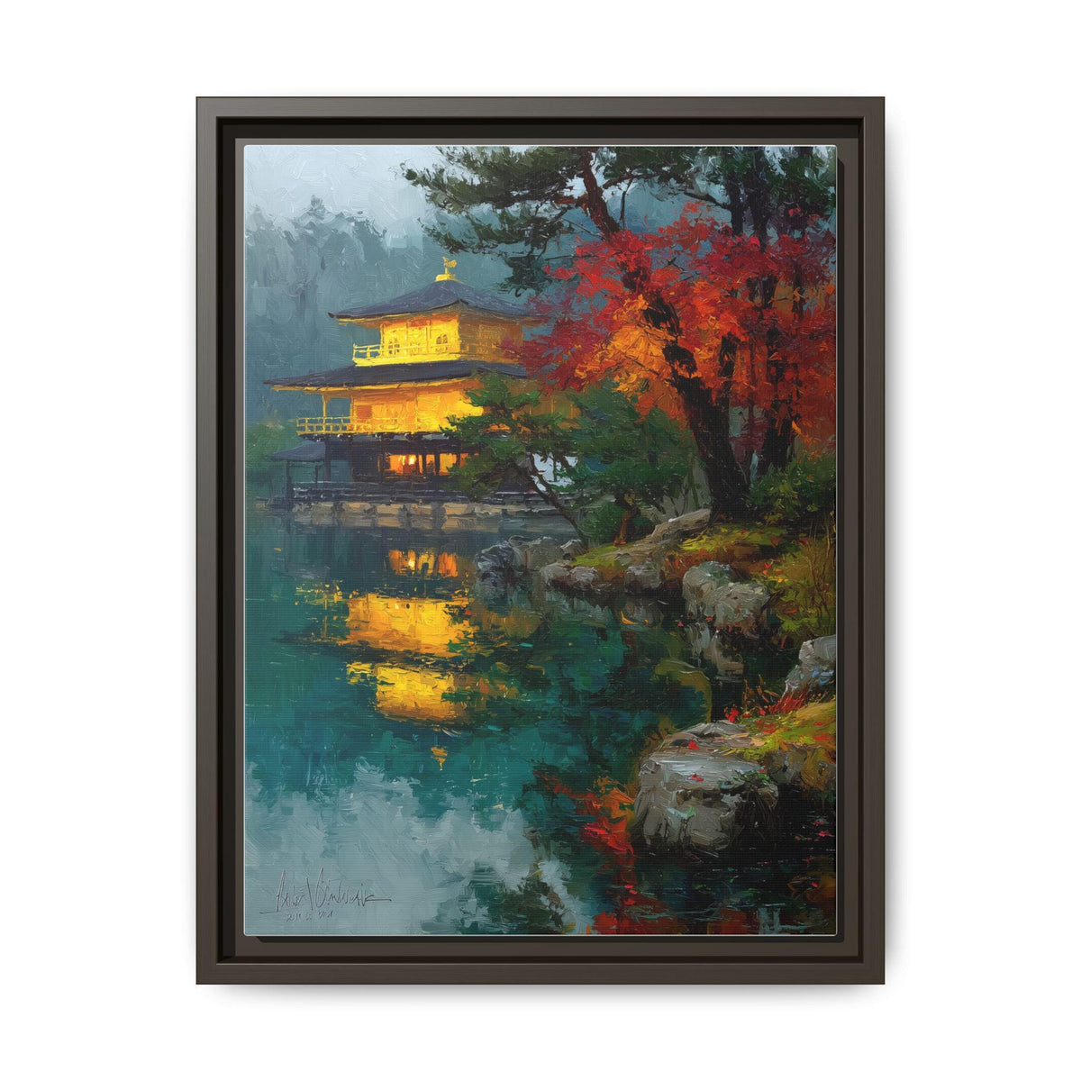 Golden Pavilion wall art framed canvas print in an espresso wood frame