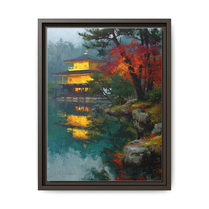 Golden Pavilion wall art framed canvas print in an espresso wood frame