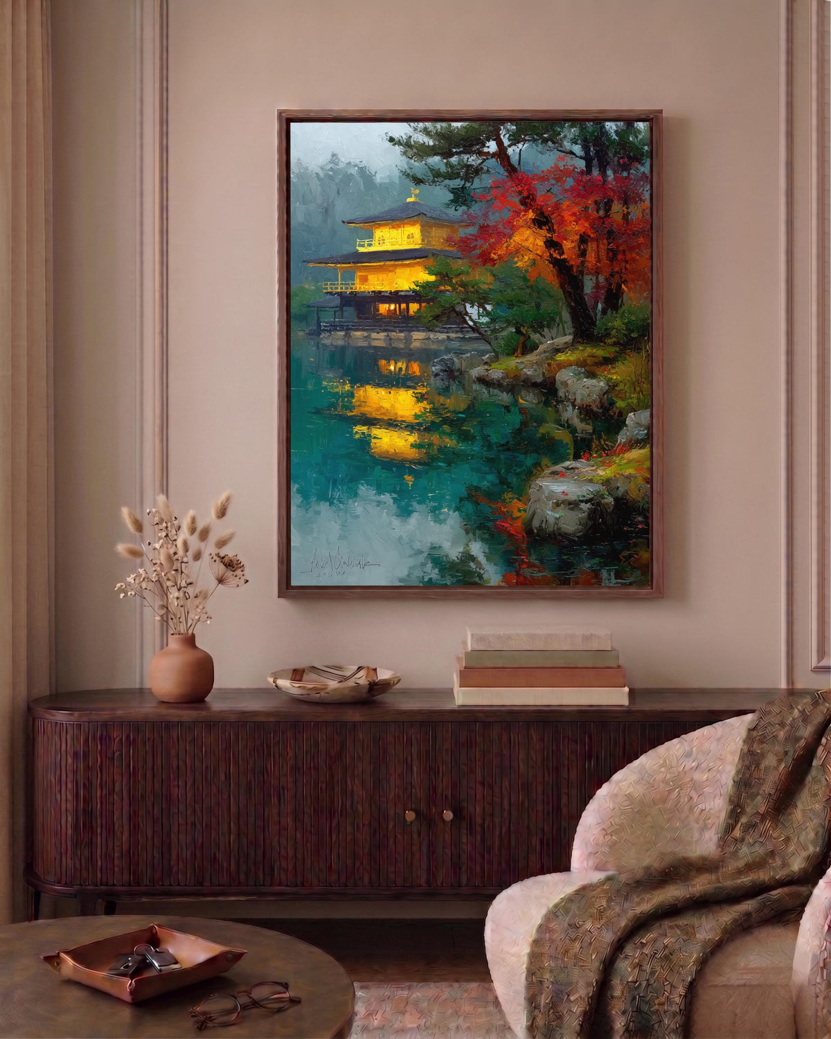 Japanese temple canvas print on cotton canvas, hand-framed in solid wood